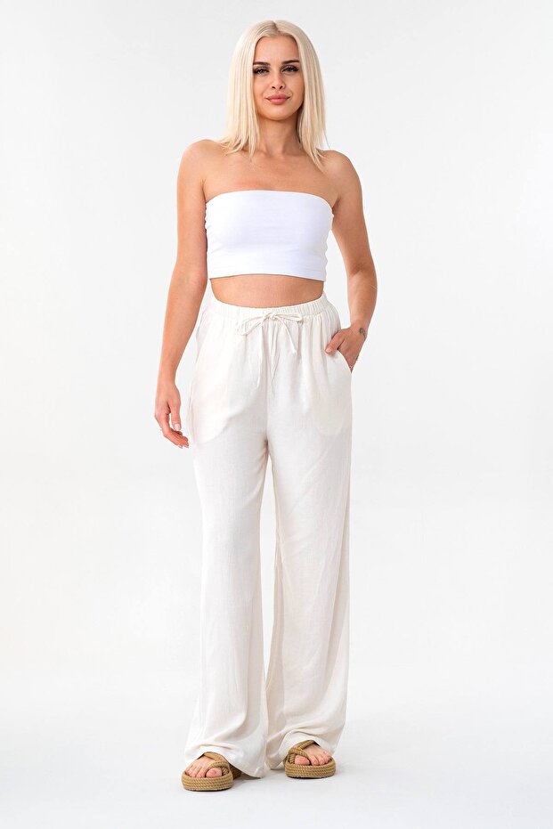 Linen Elastic Waist 100% Natural Fabric Trousers Ecru