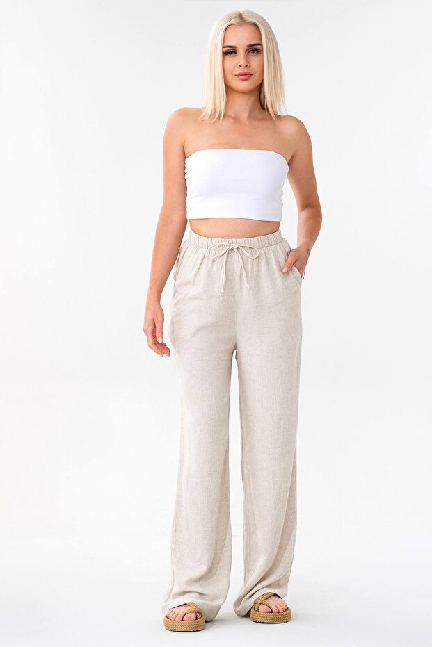Elastic Waist Linen Trousers 100% Natural Fabric Beige