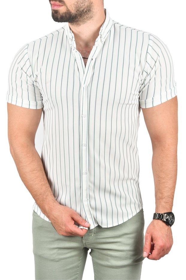 Men's White-Green Slim Fit Lycra Sports Shirt Slim Fit Striped Short Sleeve Shirt 2501218