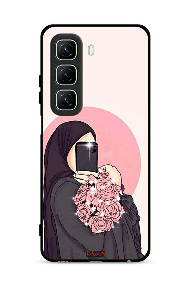 غطاء حماية لهاتف Infinix Hot 50 5G مع فن التقاط صور سيلفي أثناء حمل الزهور