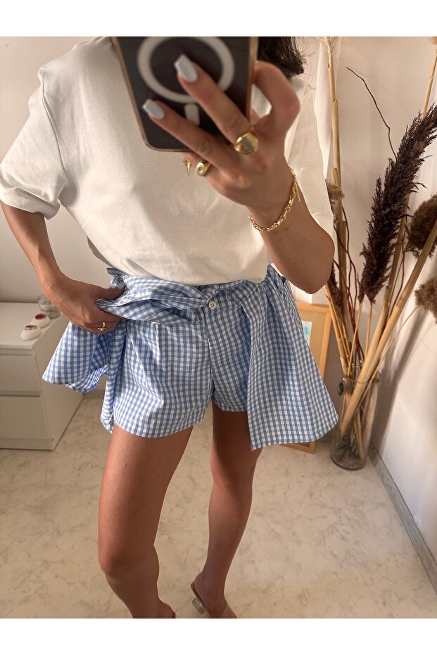Gingham Bağlamalı Şortlu Etek - 3