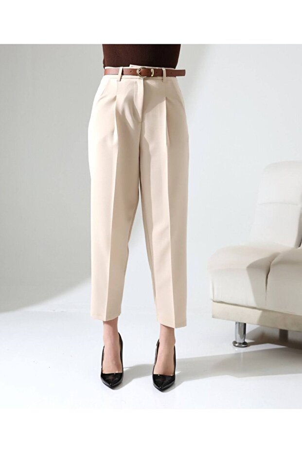 Women's Cream Belted Carrot Cut Fabric Trousers