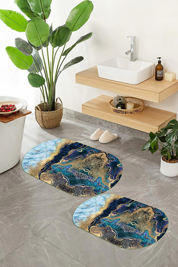 Digital Non-Slip Base Washable Marble Pattern Oval Bath Mat Set of 2 Toilet Mats