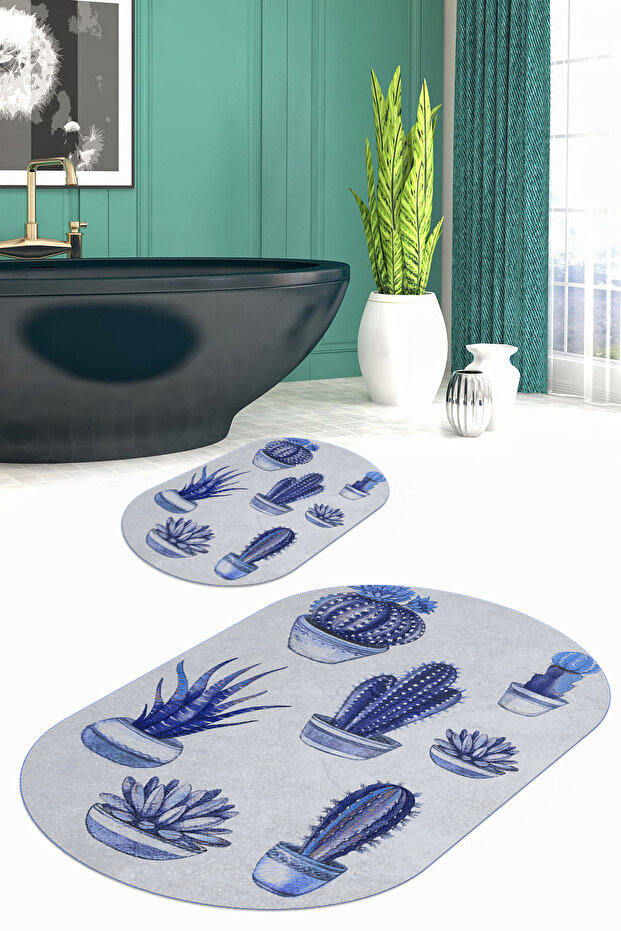 Printed Non-Slip Base Washable Cactus Pattern Oval Bath Mat Set of 2 Toilet Seat Covers