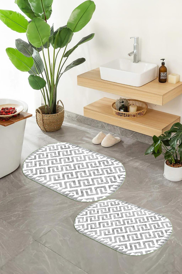 Digital Printed Non-Slip Base Washable Oval Bath Mat Set of 2 Toilet Seat Covers