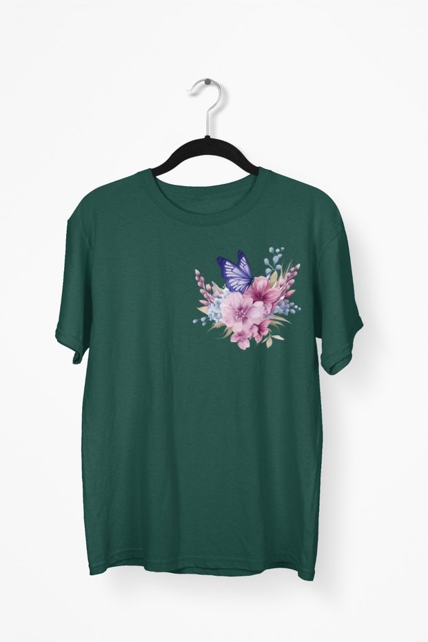 Girl/Women Butterfly Flower Transfer Printed Round Neck Short Sleeve T-Shirt