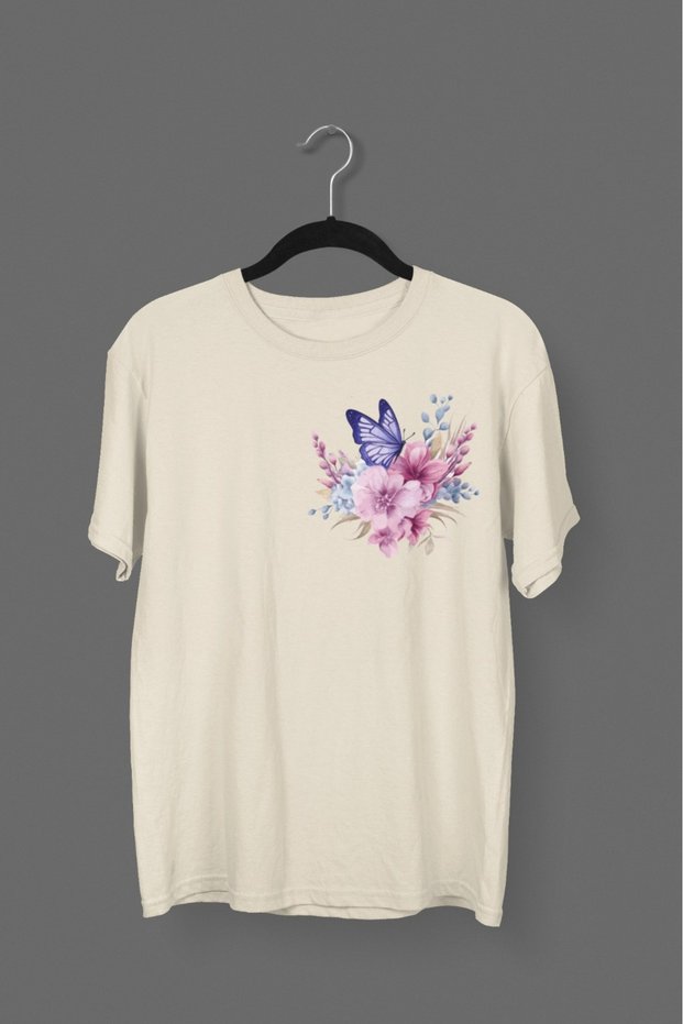 Girl/Women Butterfly Flower Transfer Printed Round Neck Short Sleeve T-Shirt