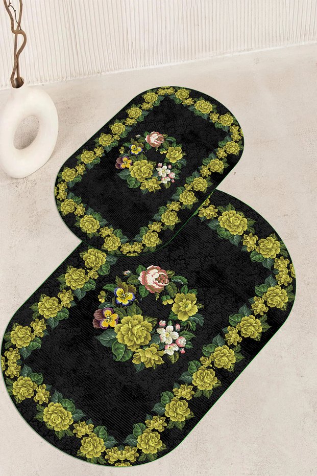 Digital Printed Non-Slip Base Washable Oval Bath Mat Set of 2 Toilet Seat Covers