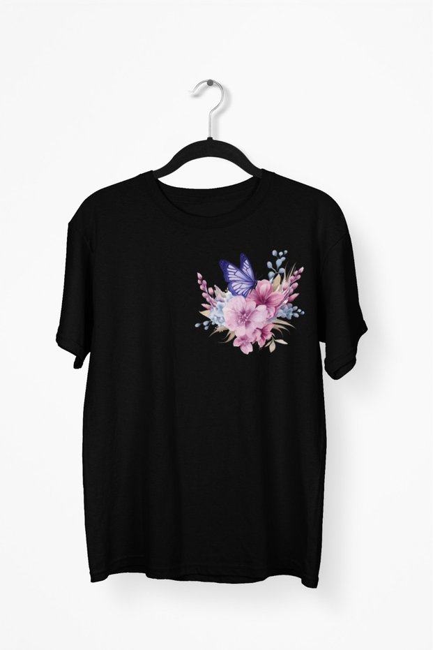 Girl/Women Butterfly Flower Transfer Printed Round Neck Short Sleeve T-Shirt