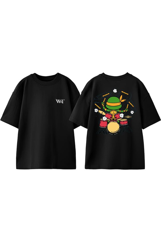 Drum Music Michelangelo Design Back Printed Cotton Black Oversize T-Shirt