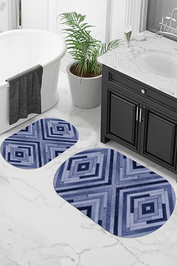 Digital Printed Non-Slip Base Washable Oval Bath Mat Set of 2 Toilet Seat Covers