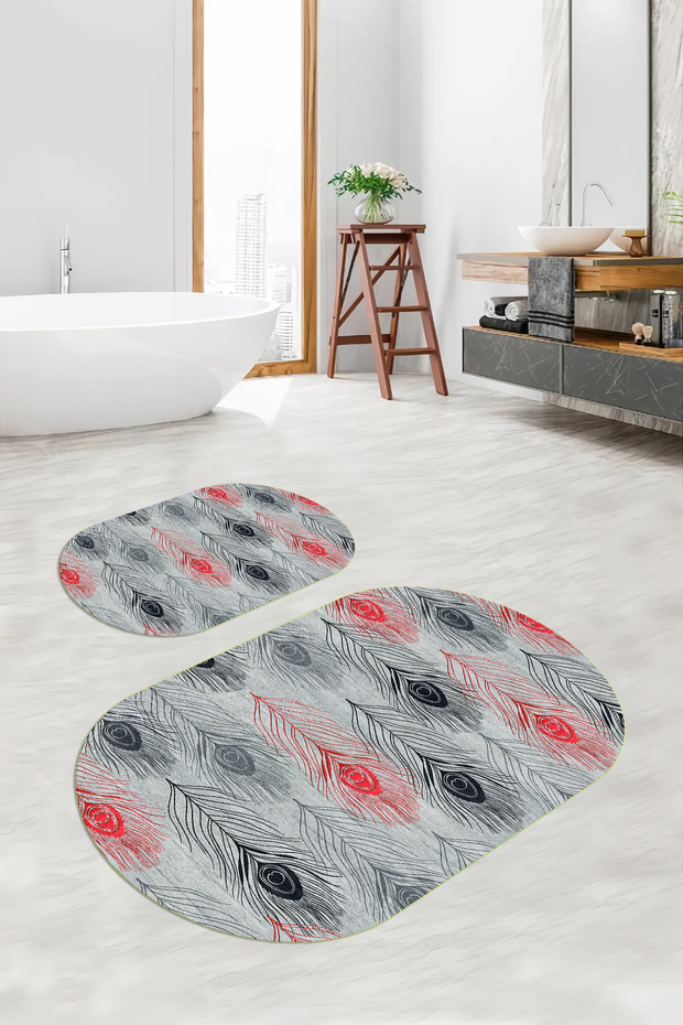 Digital Non-Slip Base Washable Floral Oval Bath Mat Set of 2 Toilet Seat Covers
