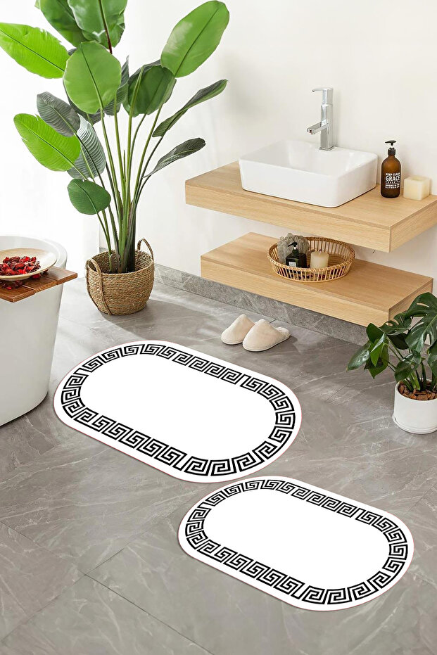Printed Non-Slip Base Washable Framed Oval Bath Mat Set of 2 Toilet Mats