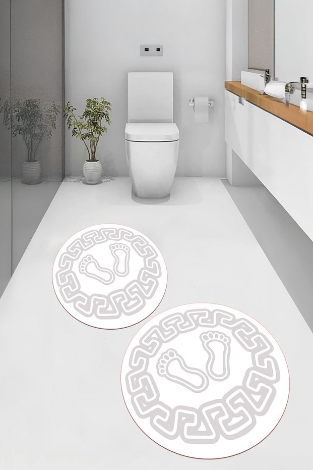 Non-Slip Base Washable Footprint Pattern Round Bathroom Mat Set of 2 Toilet Mats
