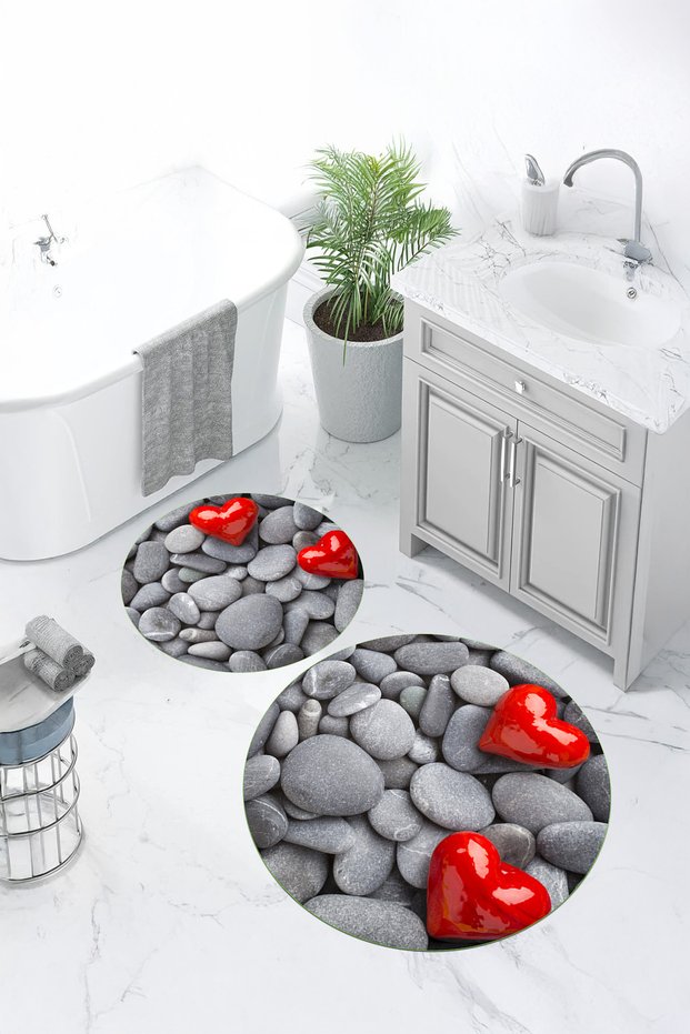 3D Printed Non-Slip Base Washable Round Bath Mat Set of 2 Toilet Seat Covers