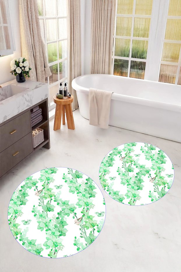 Printed Washable Flower Pattern Round Bath Mat Set of 2 Toilet Seat Covers