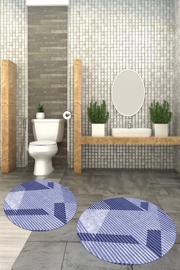 Printed Non-Slip Base Washable Round Bath Mat Set of 2 Toilet Seat Covers
