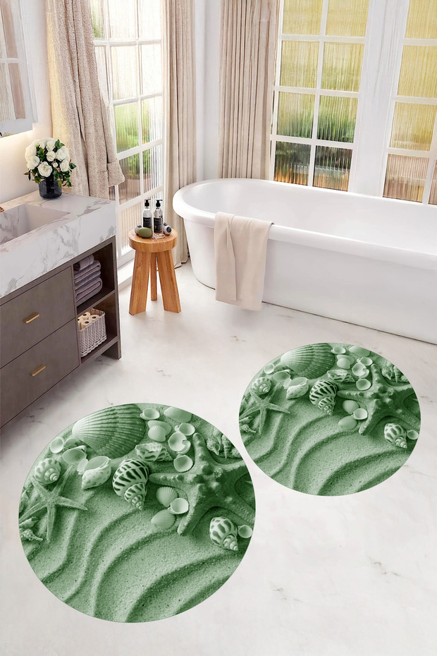 Digital Printed 3D Non-Slip Base Washable Round Bathroom Mat Set of 2 Toilet Seat Covers
