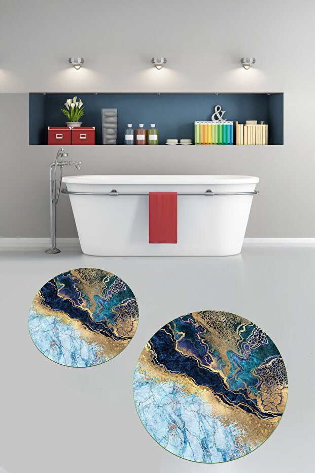 Non-Slip Base Washable Marble Pattern Round Bathroom Mat Set of 2 Toilet Mats