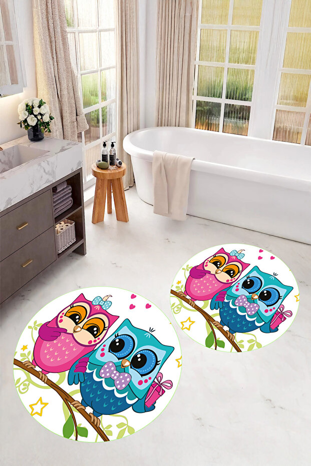 Printed Washable Owl Pattern Round Bath Mat Set of 2 Toilet Seat Covers