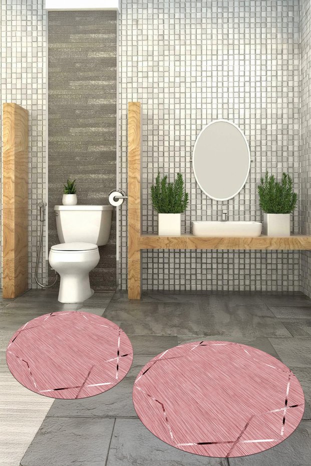 Printed Non-Slip Base Washable Round Bath Mat Set of 2 Toilet Seat Covers
