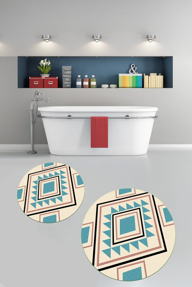 Printed Non-Slip Base Washable Round Bath Mat Set of 2 Toilet Seat Covers