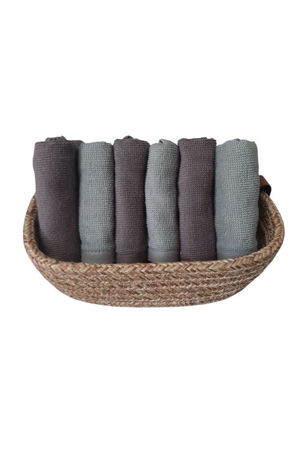 Native 6'lı 30x30 Cm Havlu Peçete + Hasır Sepet - Kahve Yeşil - 1