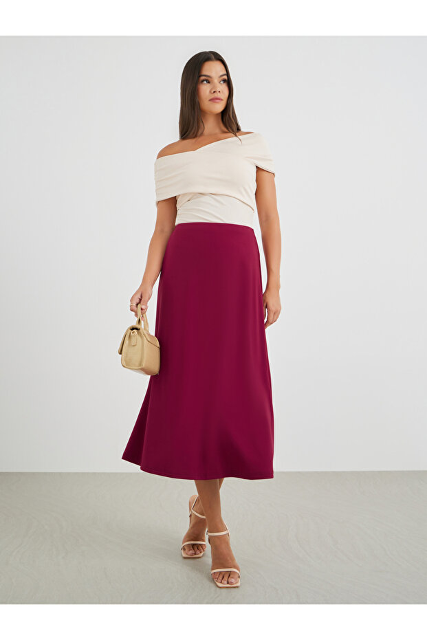 Solid Mid Rise A-Line Midi Skirt