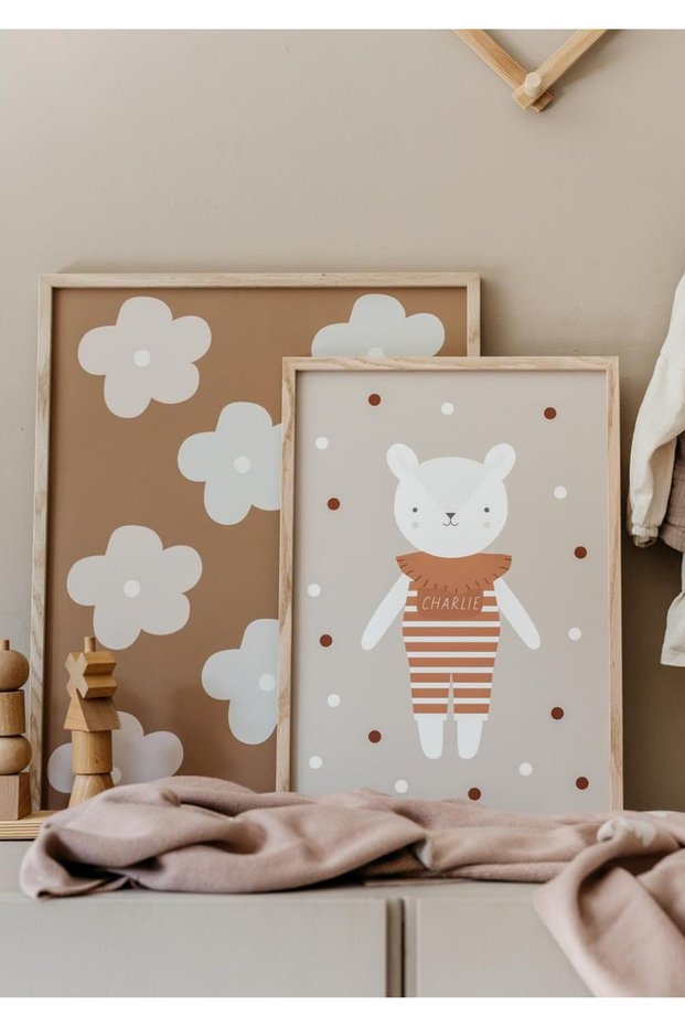 Natural Wooden Framed Uv Printing Set of 2 Teddy Bear Patterned Painting Set Modern & Stylish Children's Room Wall Decoration
