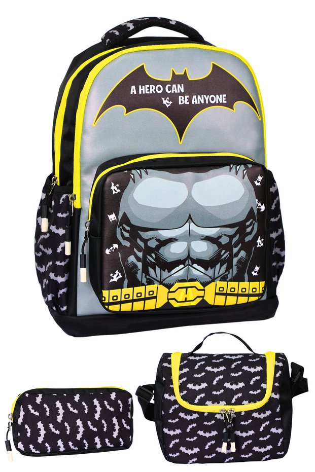 3-Piece Primary School Yellow Printed School Bag with Lunch and Pen Holder for Boys