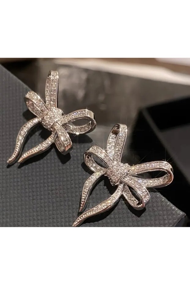 Sparkling Bow Stone Silver Color Earrings