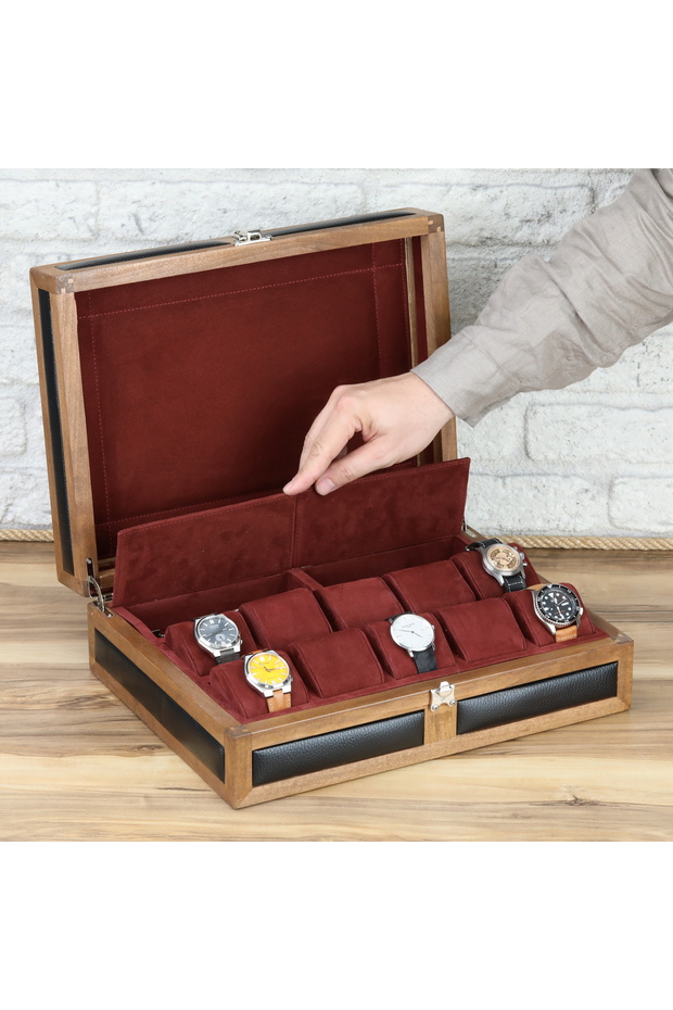 10'lu Saat Kutusu Ahşap Saat Kutusu Deri Saat Kutusu Saat Koleksiyon Kutusu Watch Box - 6
