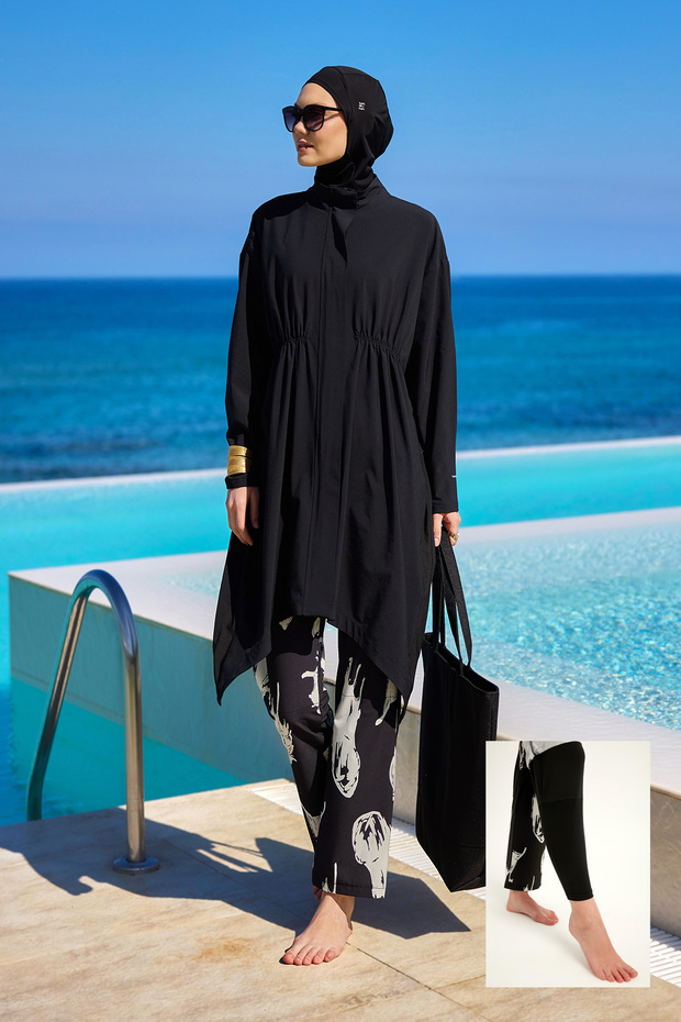 Black Full Covered Hijab Swimsuit – Wide Leg Pants with Asymmetrical Tunic and Inner Leggings M2503-3