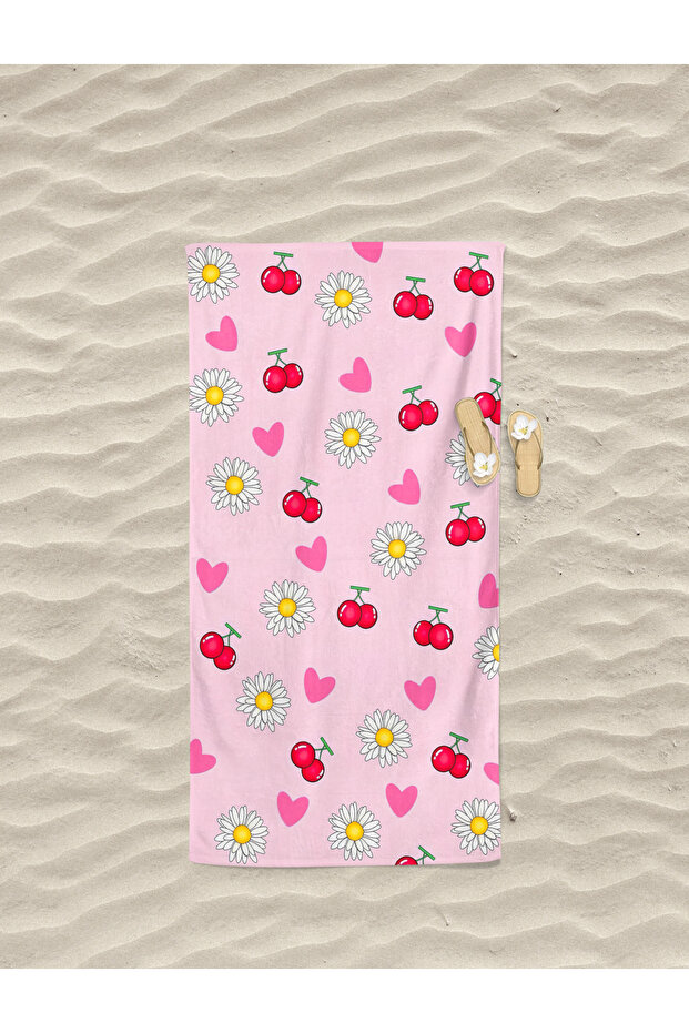 Pastel Cherry Patterned Digital Printed Teenage Girl Beach Bath Towel