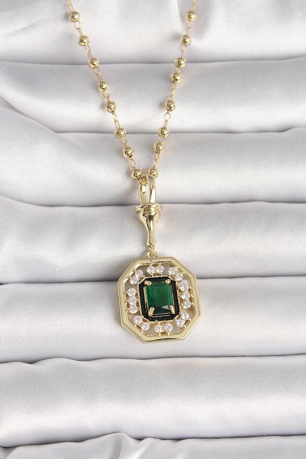 316L Stainless Steel Emerald Gemstone Detailed Octagon Frame Pendant – Sparkling and Elegant Vintage Look