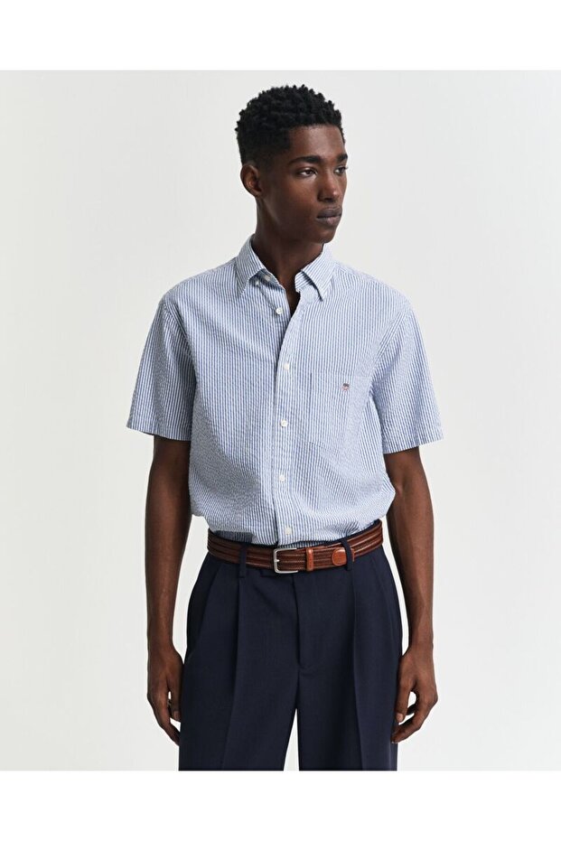 Regular Fit Striped Short Sleeve Seersucker Shirt