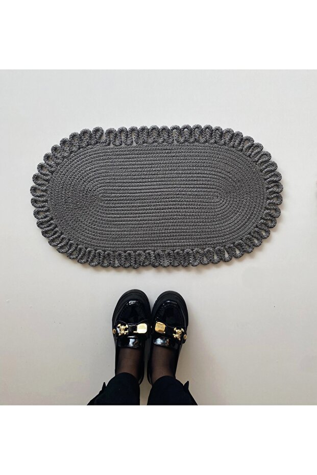 Jute Edges Patterned Oval Mat Gray