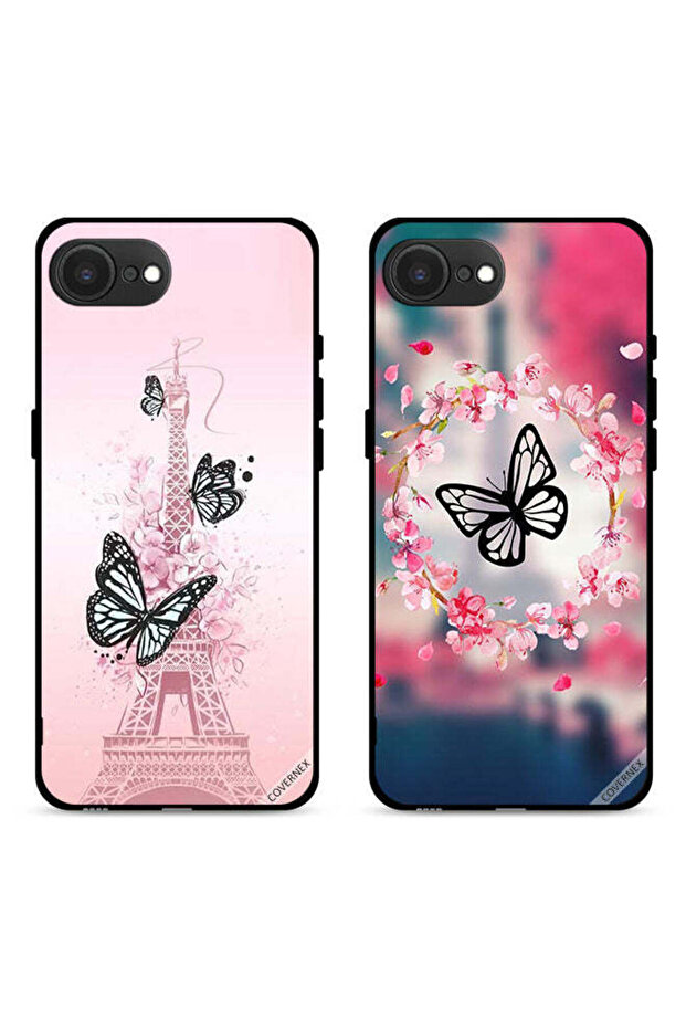 حافظتان واقيتان لهاتف Apple iPhone 16e بتصميم فراشة في حلقة وفراشة على برج إيفل