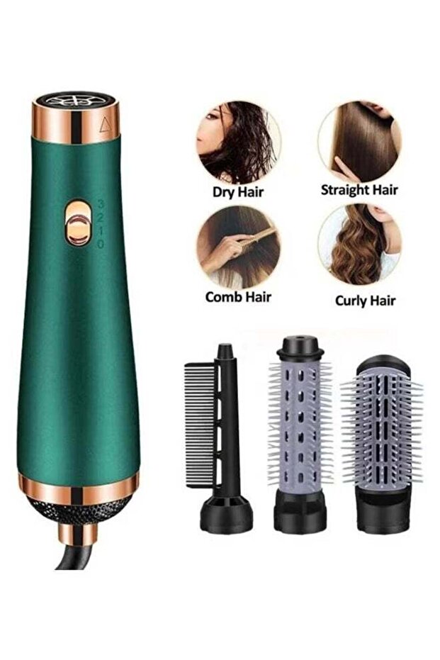 3 In 1 Hair Dryer Straightener With Straighter, Curler & Volumizing Combs - Green