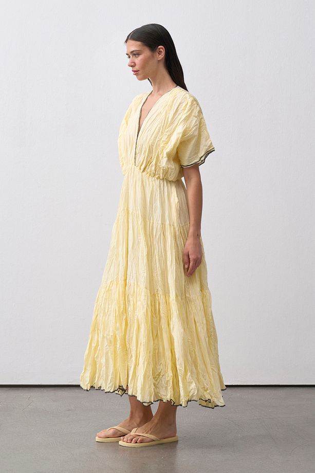 Sarı Crinkle V Yaka Maxi Elbise - 4