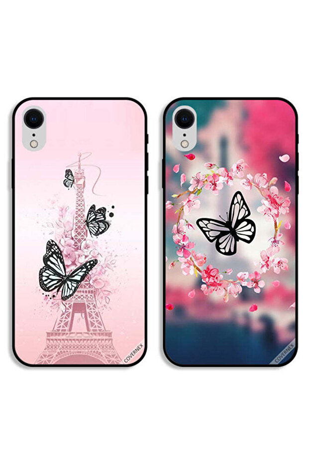 حافظتان واقيتان لهاتف Apple iPhone XR بتصميم فراشة في حلقة وفراشة على برج إيفل