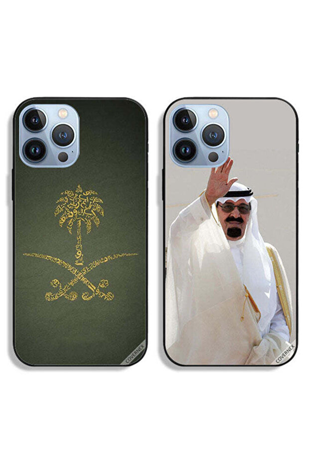 حافظتان لهاتف أبل آيفون 13 برو ماكس بغطاءين واقيين يحملان شعار المملكة العربية السعودية وشعار الملك عبدالله