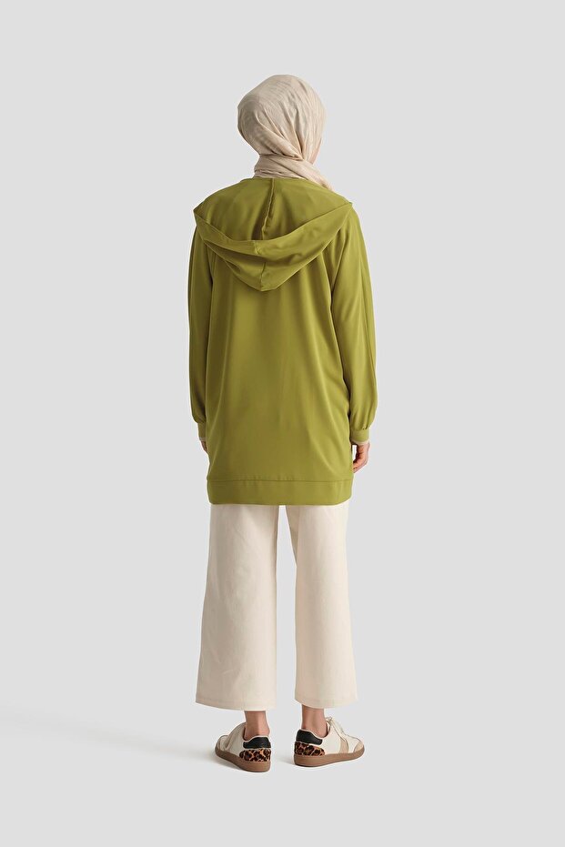 TREND Boydan Fermuarlı Kapüşonlu Tunik-Olive 25YT409 - 5