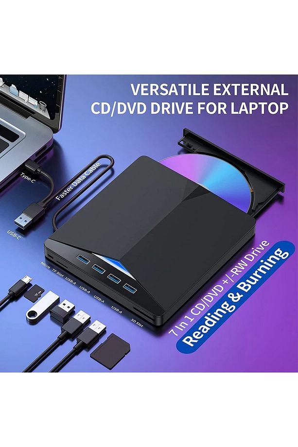 7in1 Harici DVD-ROM USB 3.0 HUB Çoğaltıcı TF SD Kart Okuyucu Type C Kablolu DVD Player CD - 1