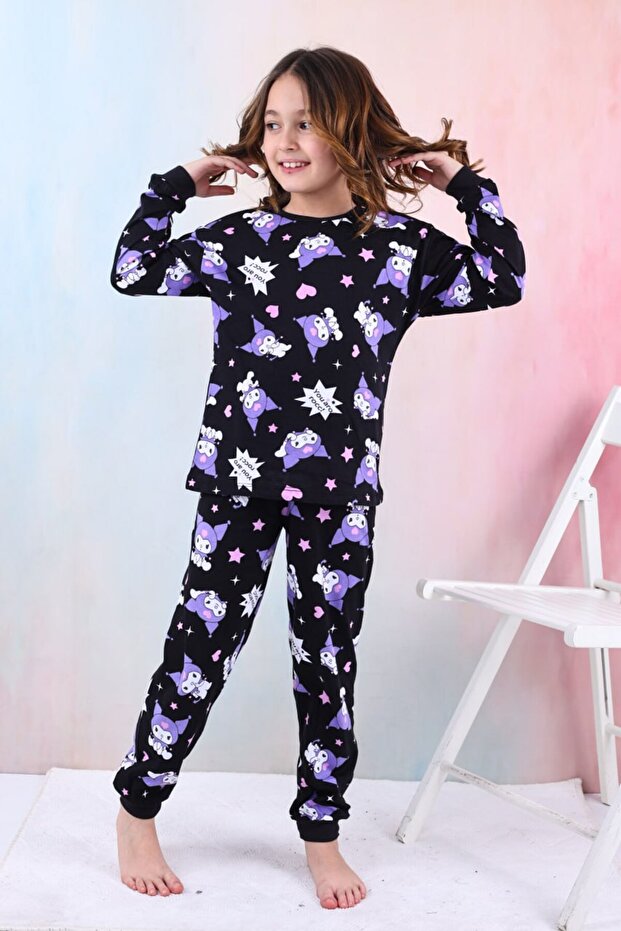 100% Cotton Girls Kuromi Pattern Long Sleeve Pajamas Set