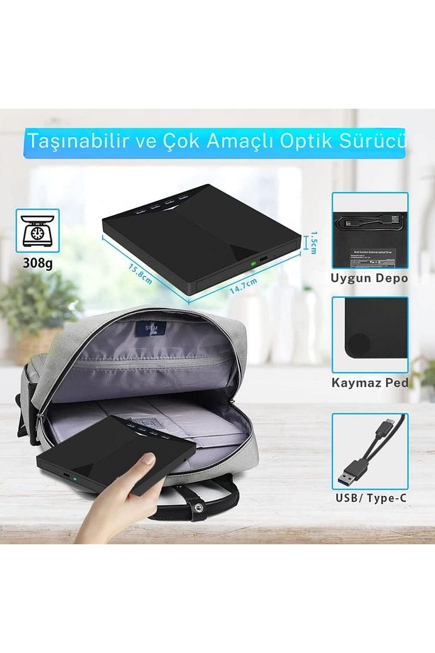 7in1 Harici DVD-ROM USB 3.0 HUB Çoğaltıcı TF SD Kart Okuyucu Type C Kablolu DVD Player CD - 4