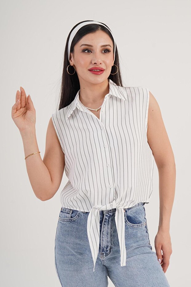 Striped Tie Detail Sleeveless Anthracite Shirt