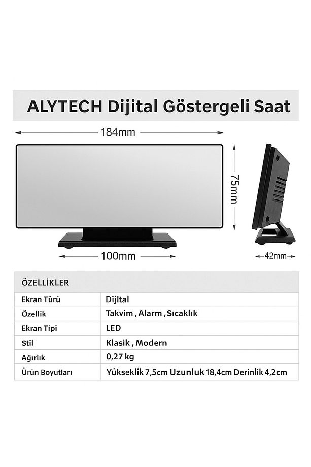 Büyük Ekran LED Dijital Saat Alarm, Takvim, Sıcaklık, Ayna Yüzeyli Modern Tasarım Masa Üstü - 3