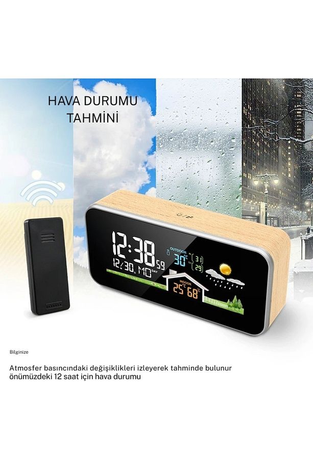 Ahşap Dijital Saat Hava İstasyonu Dekoratif Saat Termometre Hava Nem Ölçer Renkli LED Ekran Alarmlı - 4