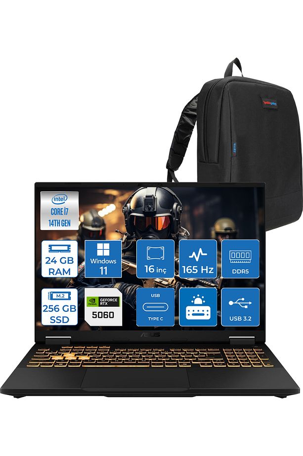 Tuf F16 I7-14650HX 24GB 256GB SSD 8GB/RTX5060 115W 165Hz 16" Fhd+ 300NITS IPS WIN11HOME WRV077H01 - 1